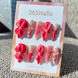 Sculpted Flora: "Juicy Watermelon" – 3D Red Hibiscus & Wet Look Droplets Stiletto Nails