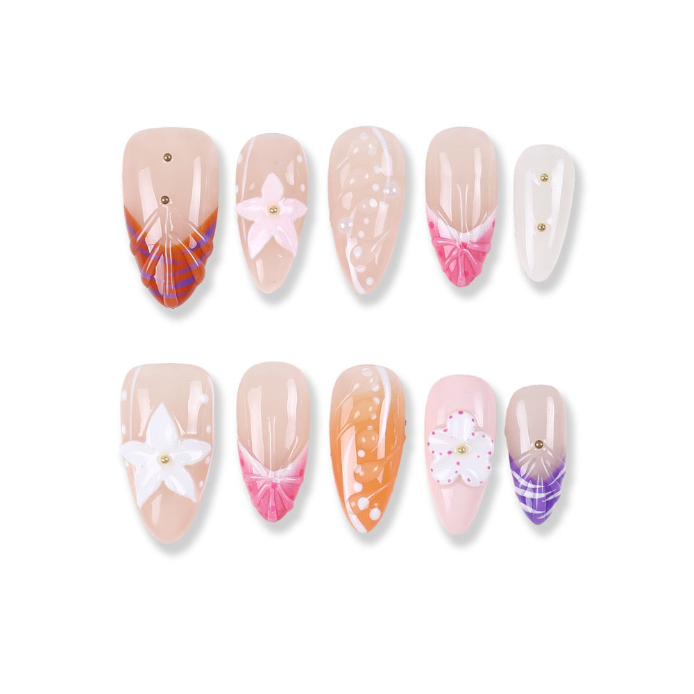 365Nails Peachy Nude Press-On Nails Hand-Painted Flowers Ribbon Fold French Jelly Gloss