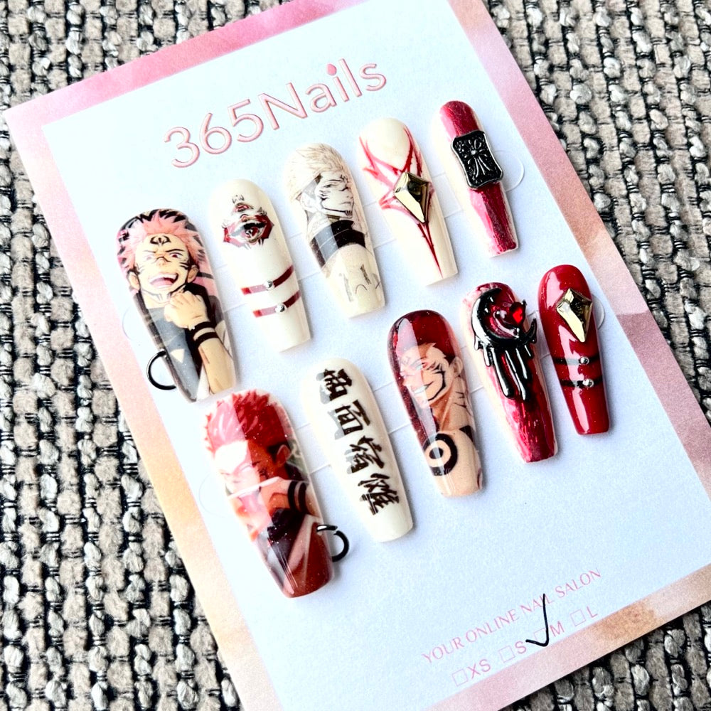 365nails: "Sukuna Anime Red Black" – Handmade Medium Trapezoid Press-On Nails