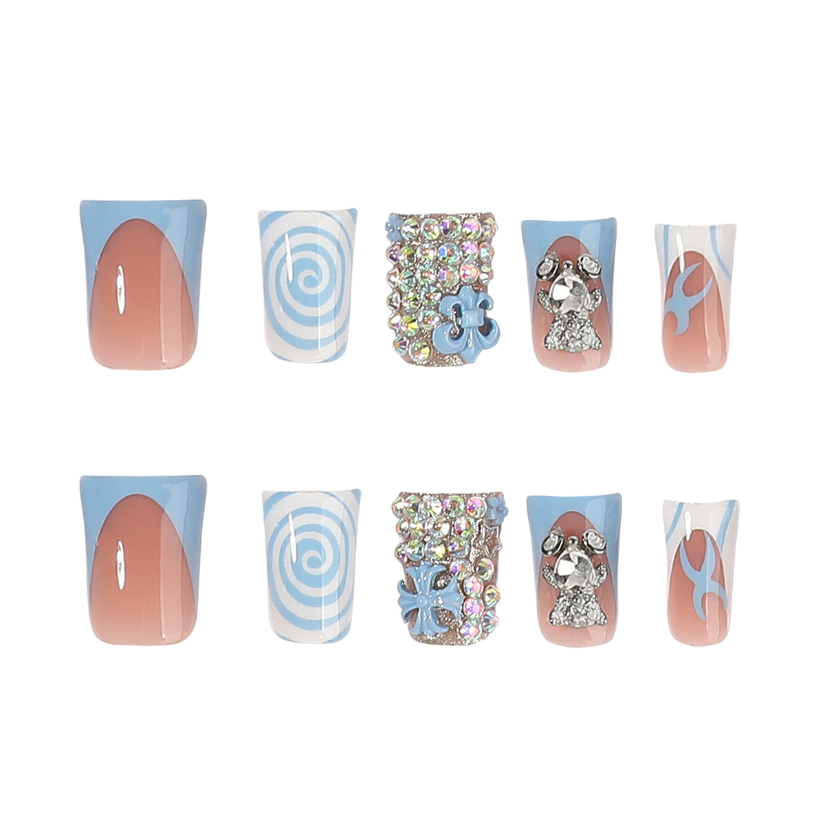 Set of press-on nails with blue details and rhinestones