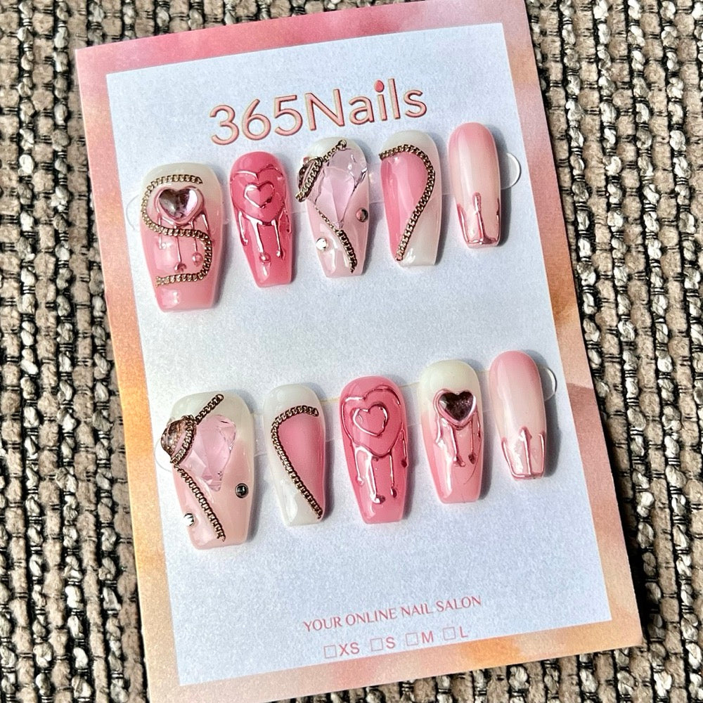365nails: "Pink White Heart Drip Rhinestone" – Handmade Medium Coffin Press-On Nails