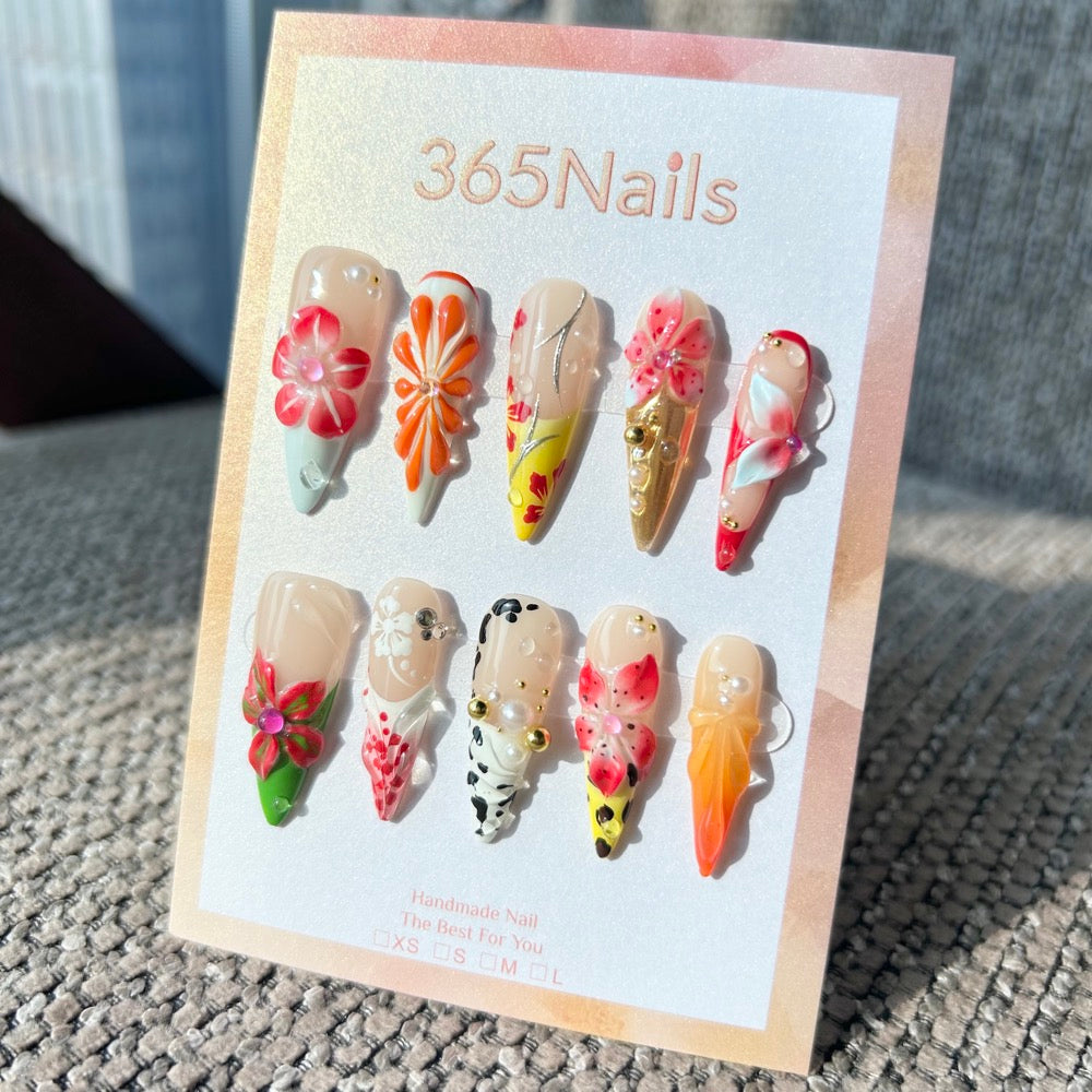 Handmade "Tropical Splendor" Mixed Media Press-on Nails | 3D Hibiscus & Leopard Print | Long Stiletto