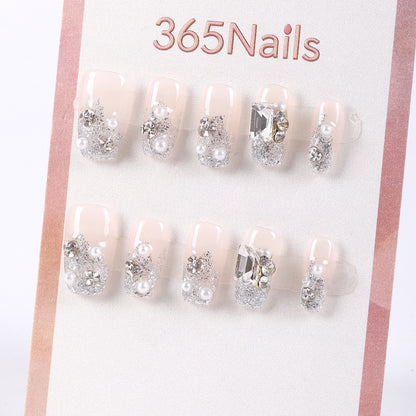 365Nails Crystal Frost Short Square Press-On Nails with Silver Glitter and Pearls