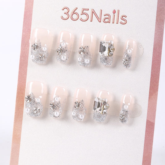 365Nails Crystal Frost Short Square Press-On Nails with Silver Glitter and Pearls