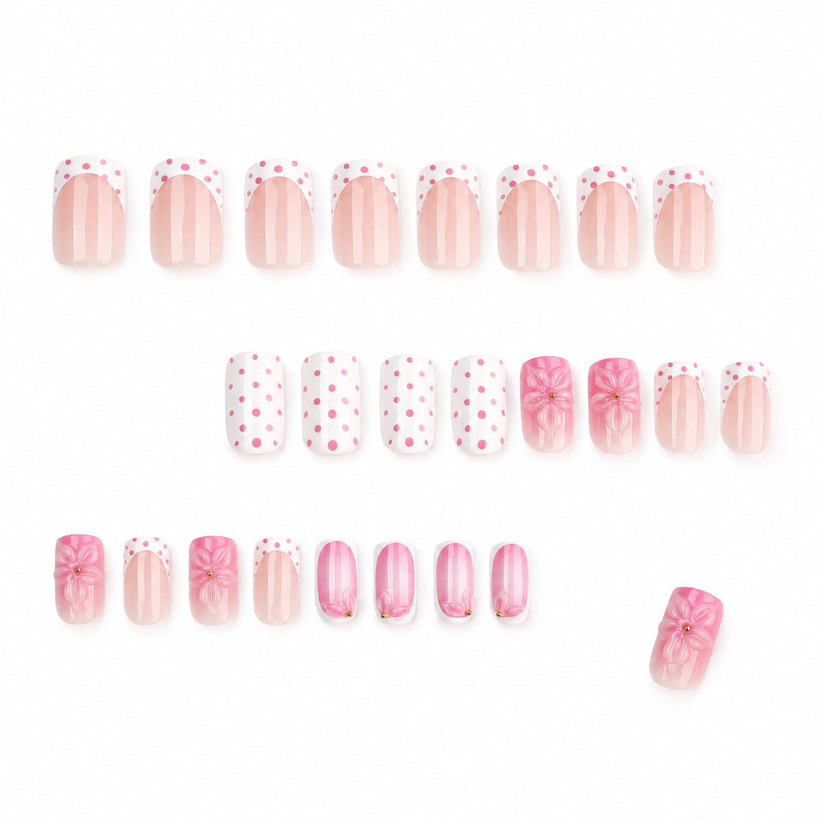Full set of 24 press-on nails displayed with 3D flower effect annotation