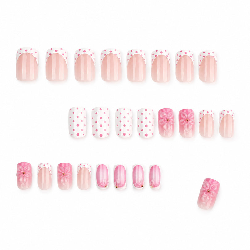 Full set of 24 press-on nails displayed with 3D flower effect annotation