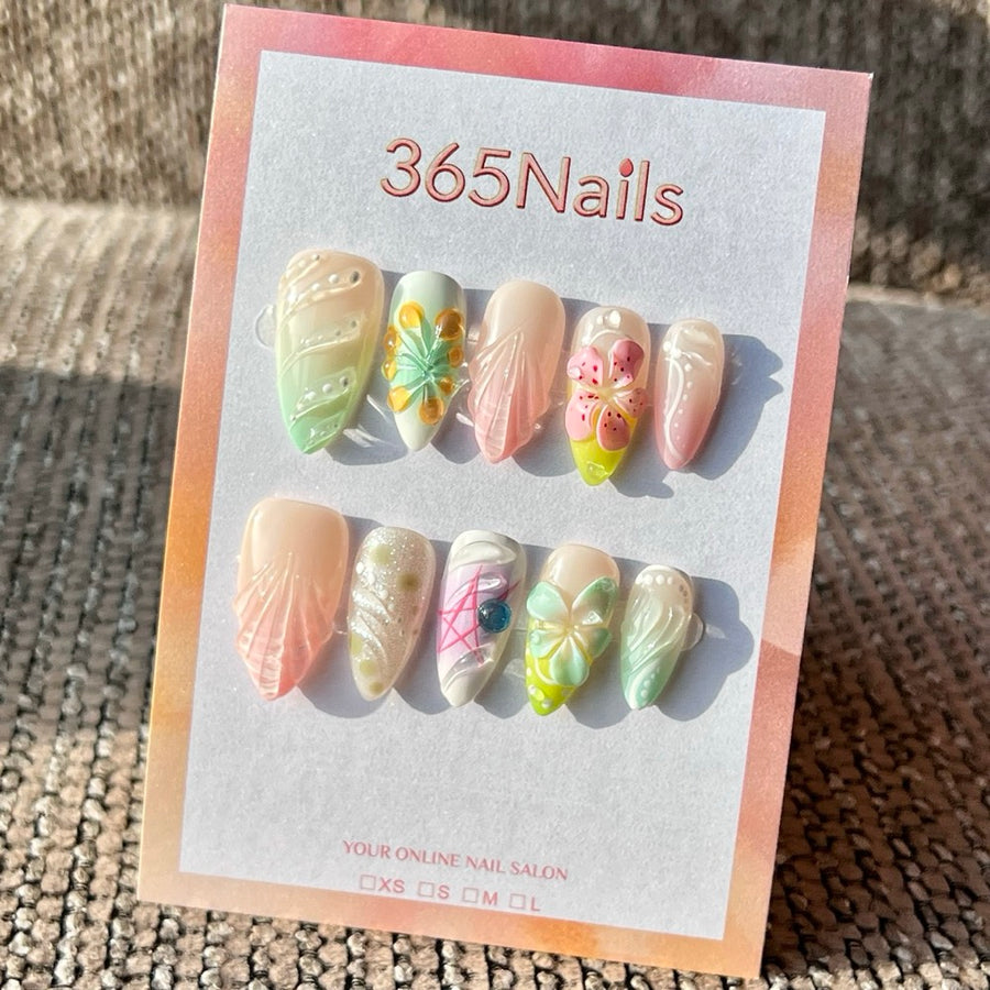 365nails: "Pastel Floral Shell" – Handmade Medium Almond Press-On Nails