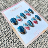 "Gilded Teal Cinnabar" – Deep Teal Cat Eye & Red-Blue Marble with Melting Gold Chrome Tip Oval Nails