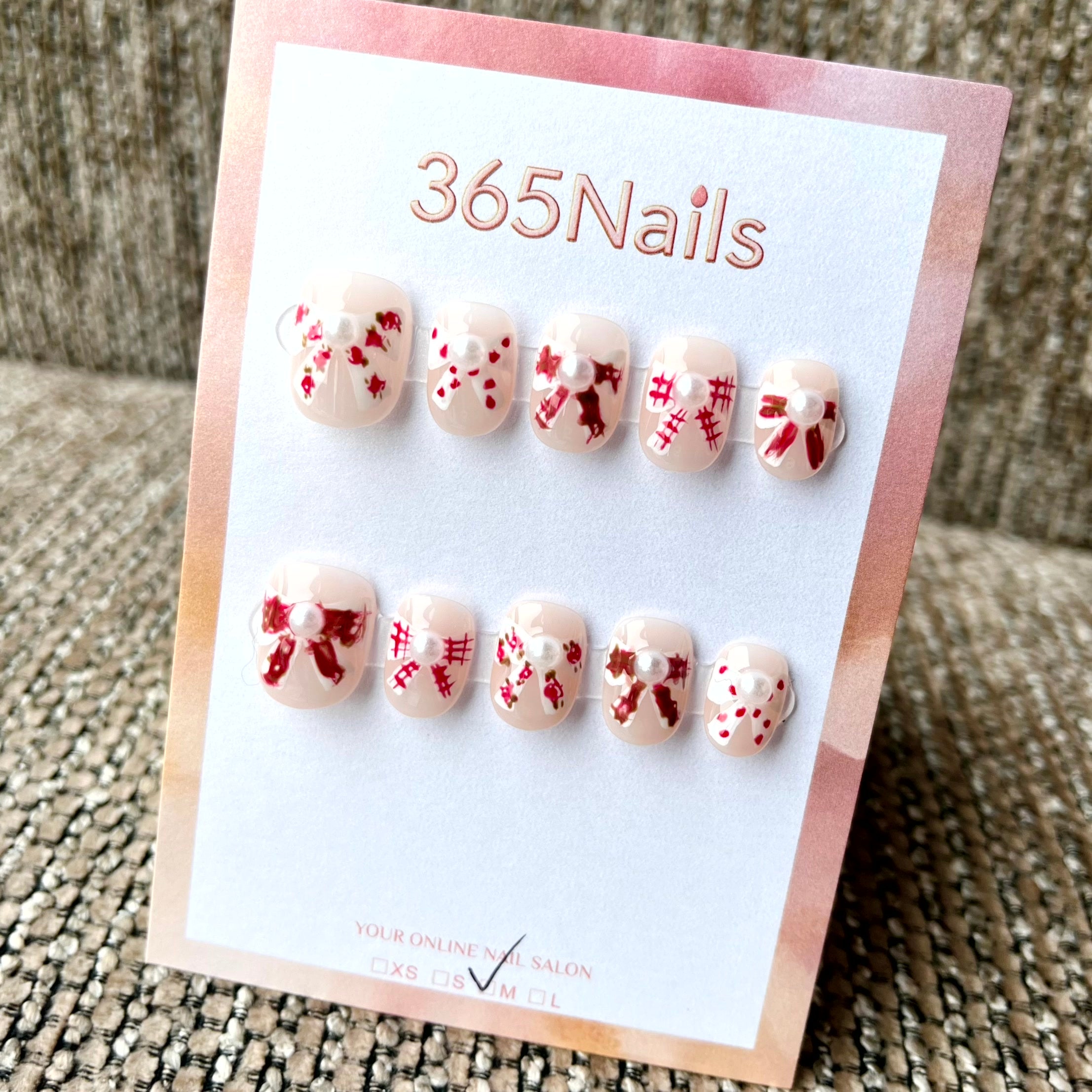 365nails: "Cherry Blossom Ribbon" – 3D Bow & Floral Handmade Short Almond Nails