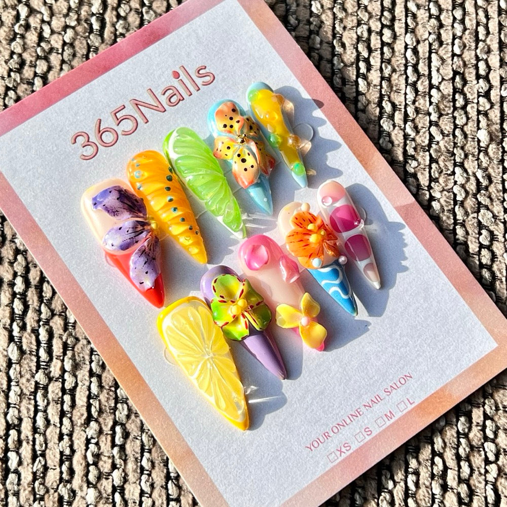 365nails: "Tropical Fruit Butterfly" – Handmade Medium Stiletto Press-On Nails