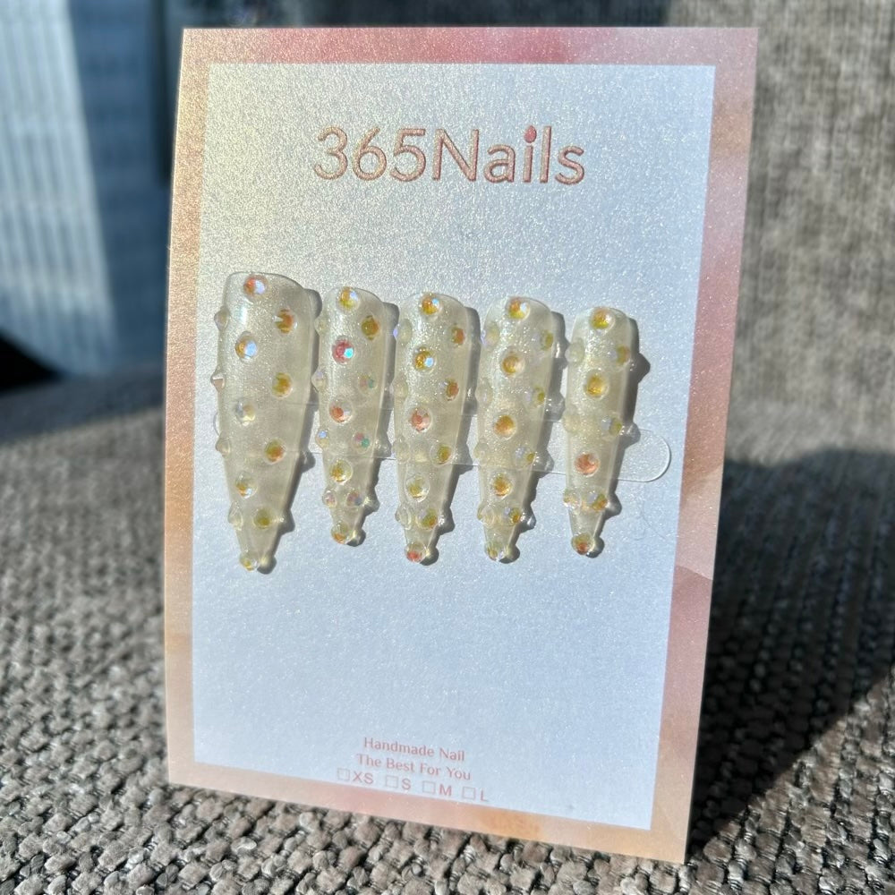 Champagne Jelly Studded Press On Nails｜Iridescent Cream Stiletto | Crystal Armor Series