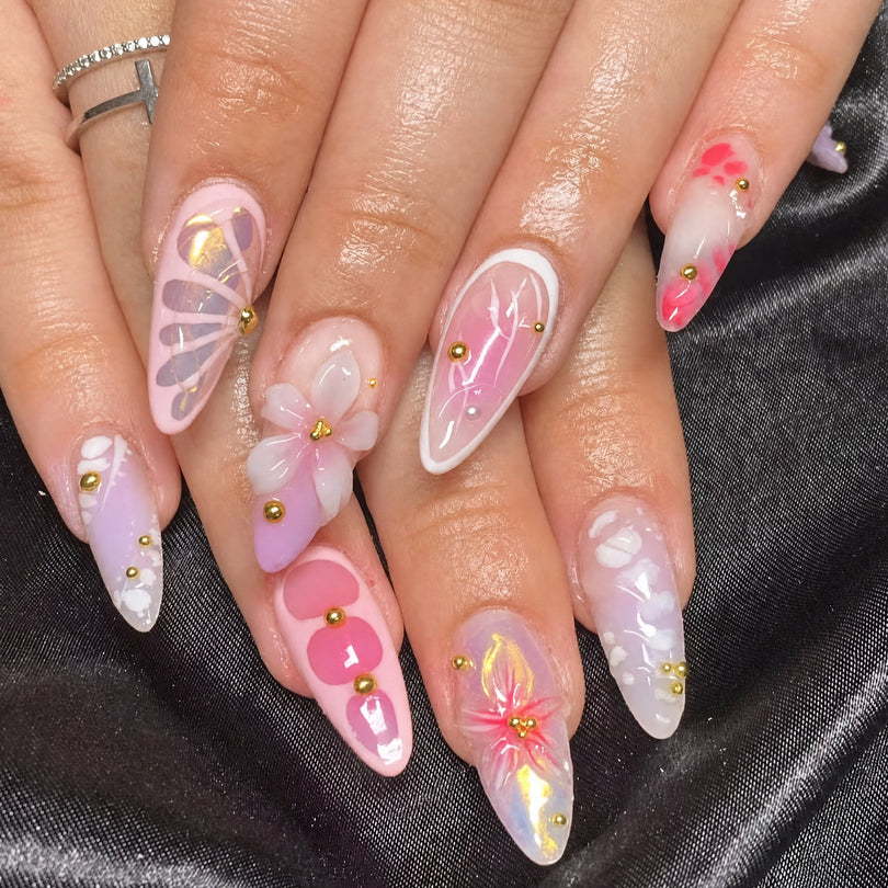 3D French Floral Glossy Pink White Almond Short Press On Nails – Design 13