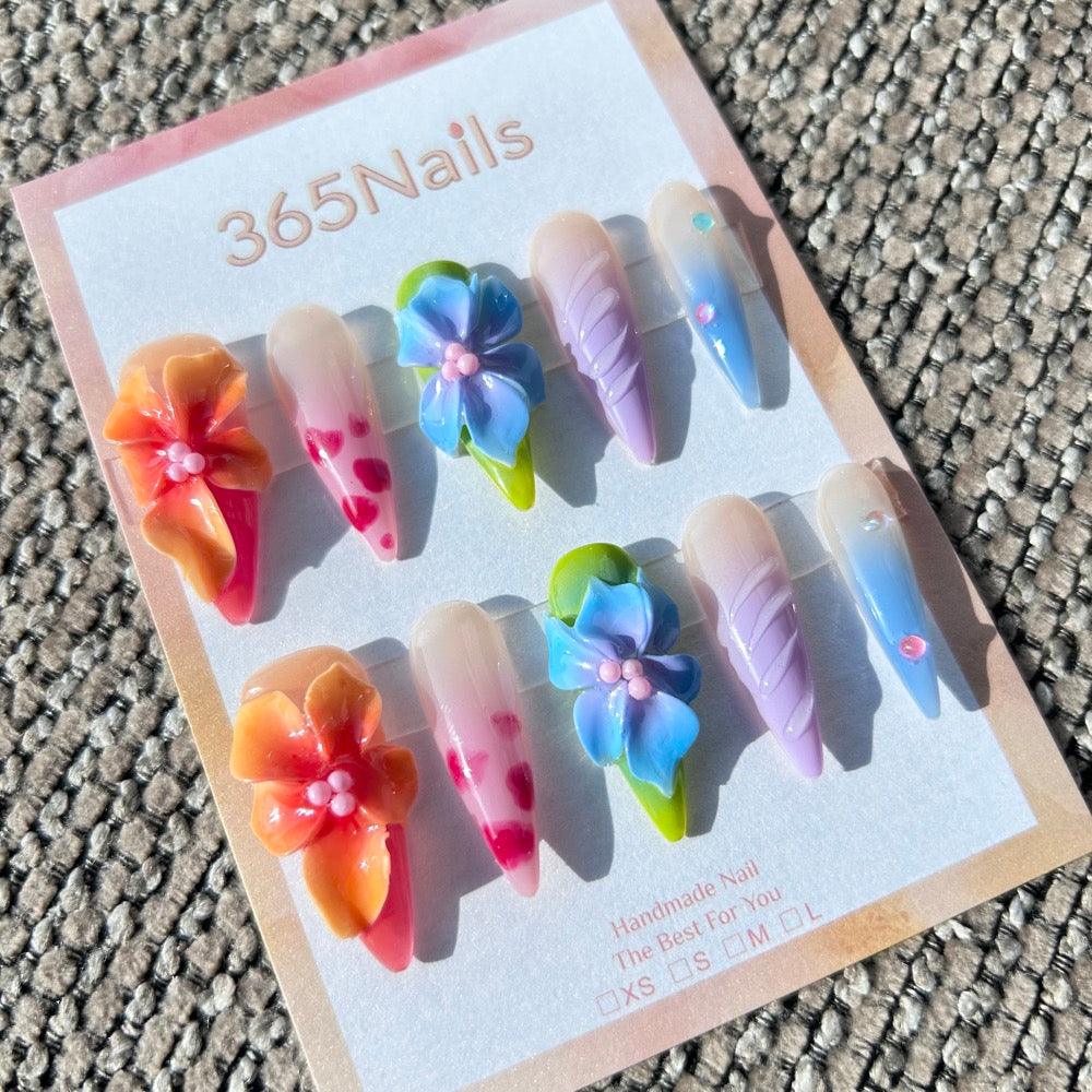 Sculpted Flora: "Tropical Punch Party" – 3D Orange & Blue Flowers with Leopard Print & Shell Texture Nails