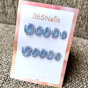 365nails: "Sapphire Tears" – Iridescent Cat Eye & Glass Bead Handmade Short Oval Nails