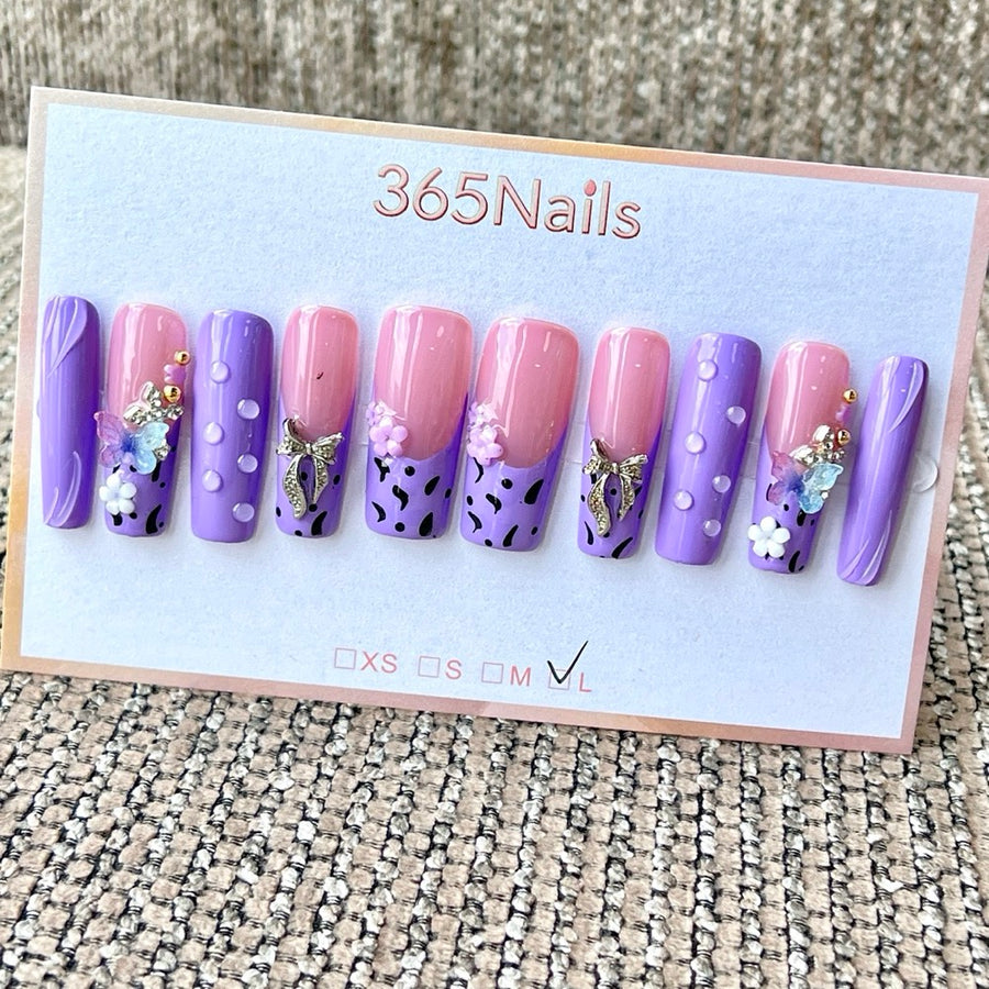 365nails: "Enchanted Garden" – 3D Butterflies & Mixed Media Handmade Press on Nails Long Coffin Nails