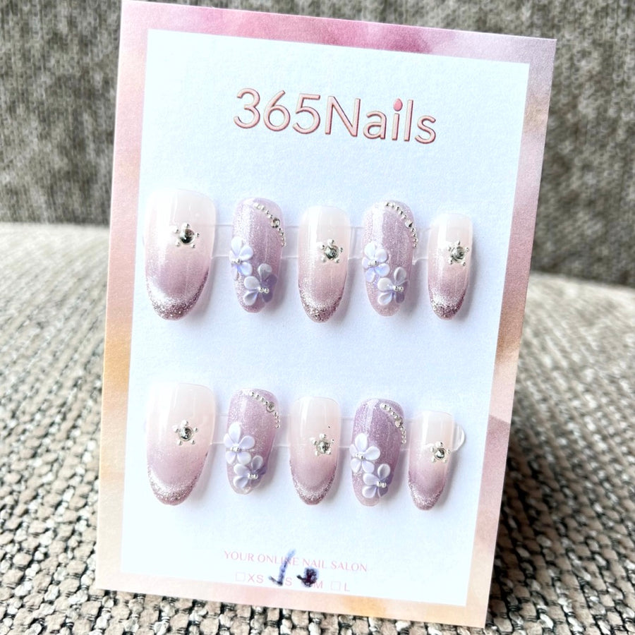 365nails: "Lilac Whisper" – 3D Floral Handmade Short Almond Nails