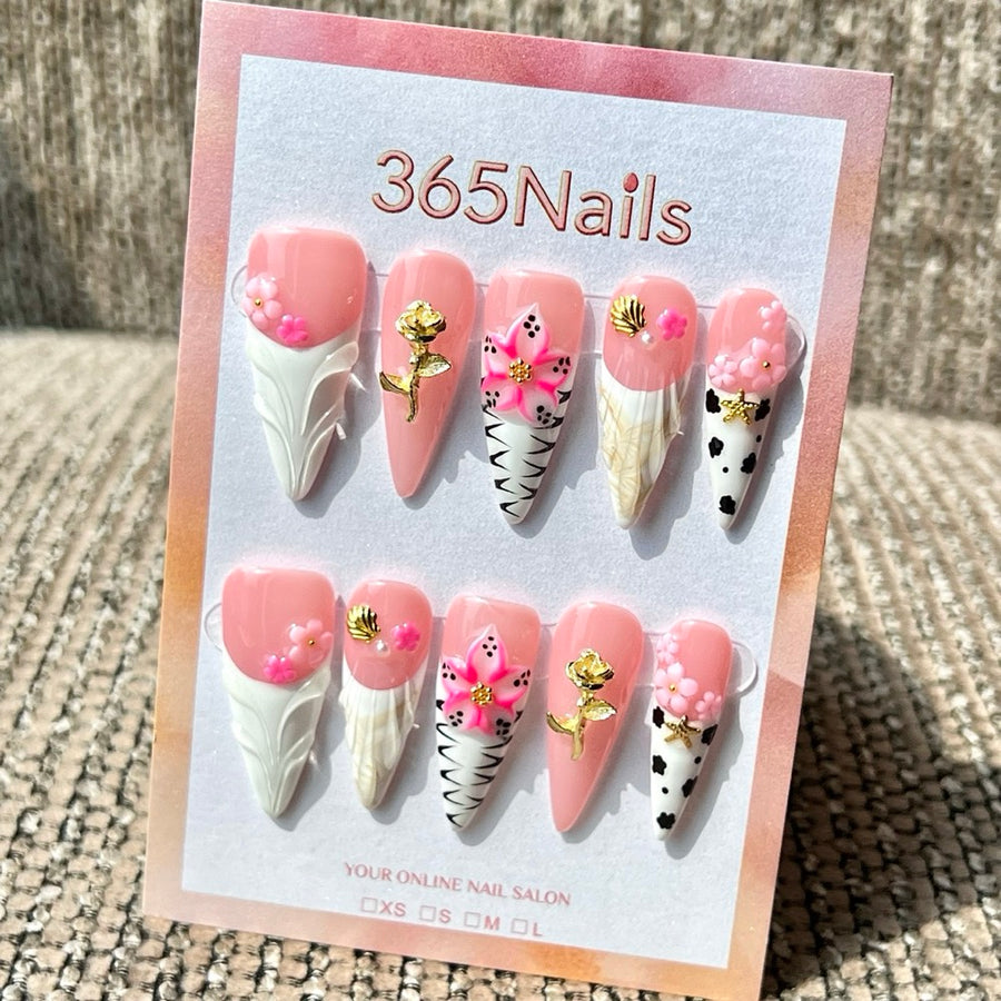 365nails 블러쉬 핑크 꽃·장미 믹스 수제 미디엄 스틸레토형 프레스온 네일