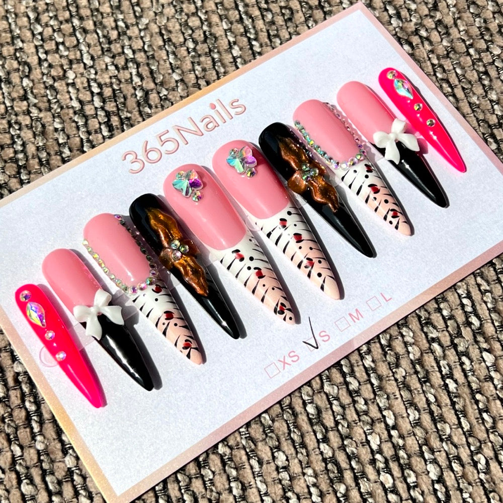 365nails: "Wild Couture" – 3D Bow & Leopard Print Handmade Long Stiletto Nails