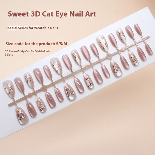 Nail Tips  Prefabricated Nail Ice Mist Bean Paste Cat Eye Three-dimensional Bow Love Starlight Gentle Girl Nail Art 30 pieces｜365nails