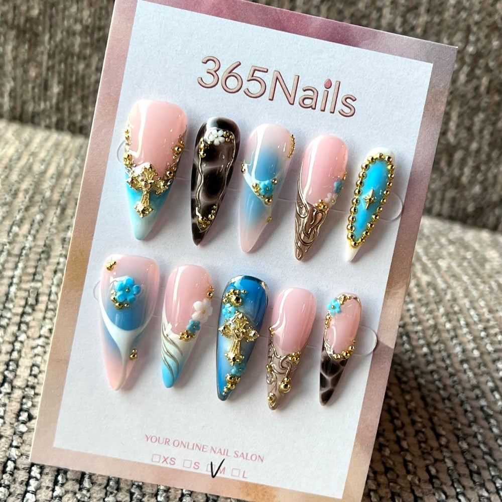 Turquoise Baroque Garden - Blue Gold 3D Press-On Nails