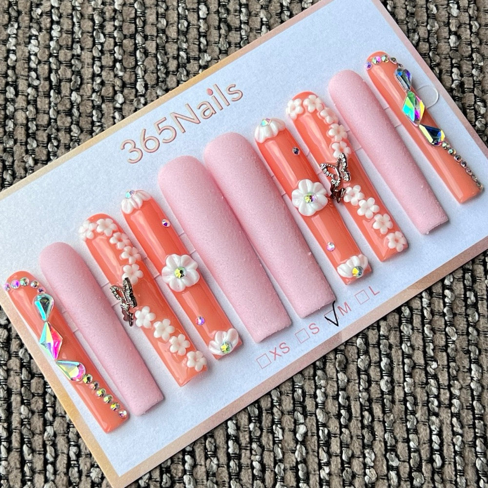 365nails: "Peach Blossom Garden" – 3D Floral & Velvet Handmade Coffin Nails