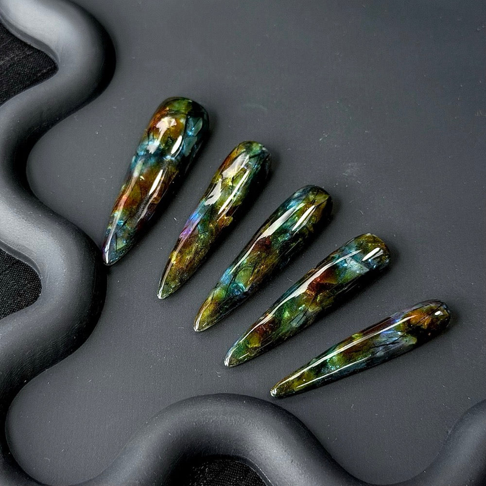 Handmade Long Stiletto Press-On Nails with Green and Brown Glass Design