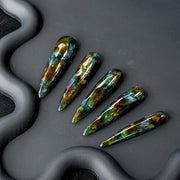 Handmade Long Stiletto Press-On Nails with Green and Brown Glass Design