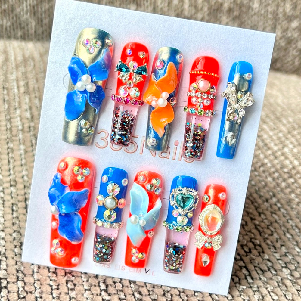 365nails: "Tropical Sunset Bloom" – Handmade Liquid Motion Press-On Medium Square Nails-4.5cm