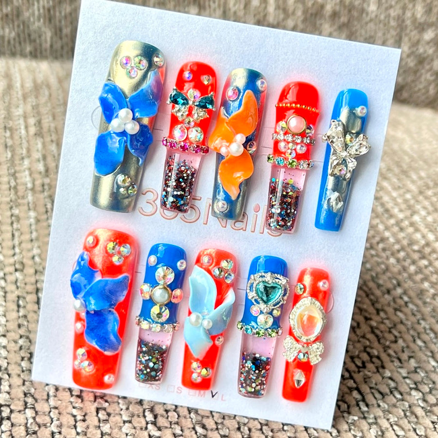 365nails: 열대 일몰 블룸 — 수제 리퀴드 모션 프레스온 네일 (미디엄, 스퀘어형) 4.5cm