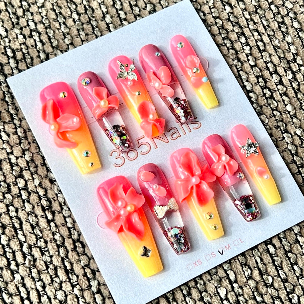 365nails: "Sunset Orchid Glow" – Handmade Liquid Motion Press-On Medium Square Nails-4cm