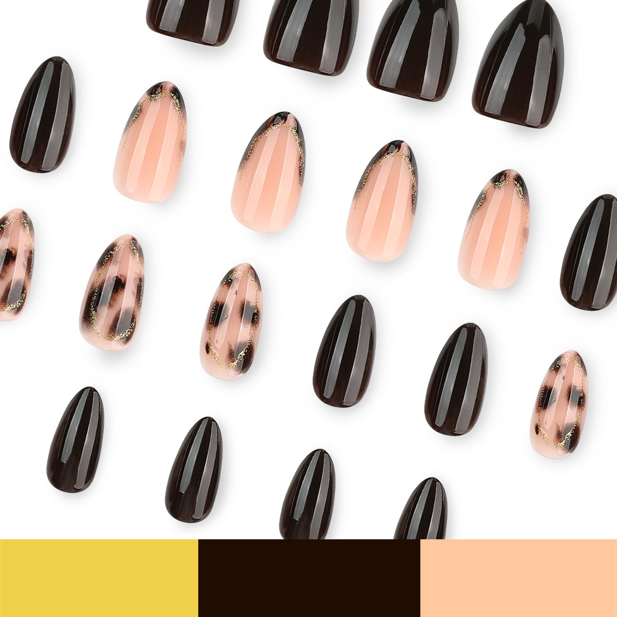 Flat lay of the glossy brown and leopard almond press-on nail set with a color palette bar at the bottom.