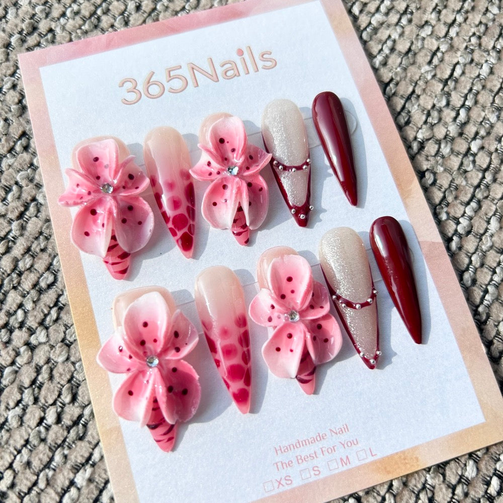Sculpted Flora: "Burgundy Blossom" – 3D Pink Floral & Deep Wine Red Patterned Long Stiletto Nails
