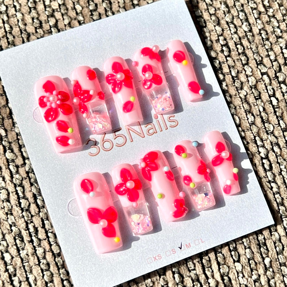 365nails: "Candy Pink Bloom" – Handmade Liquid Motion Press-On Medium Square Nails-3cm