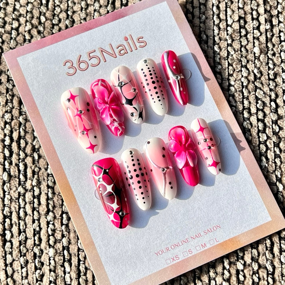 365nails: "Pink Abstract Star" – Handmade Medium Almond Press-On Nails