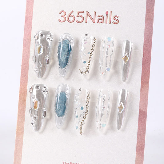 365Nails Crystal Jelly Long Stiletto Press On Nails in Silver with Chains and Gems