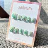 Sweet & Dopamine: "Minty Star & Moon Tale" – Mint Green Gradient, Sugar Glitter Texture, 3D Butterfly, Moon & Tulip Press-on Nails