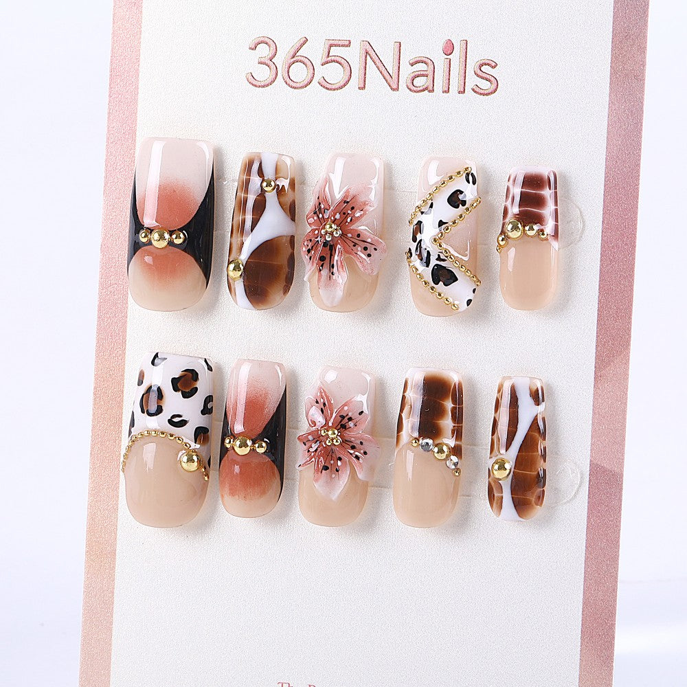 Nude and Leopard Press-On Nails with 3D Flower and Gold Beads
