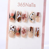 Nude and Leopard Press-On Nails with 3D Flower and Gold Beads