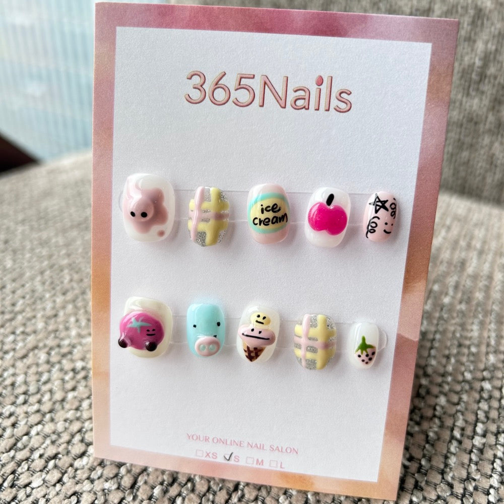 Cartoon & Dopamine: "Pastel Ice Cream & Piggy" – 3D Blue Pig, Melting Scoops, Silver Plaid & Fruit Graffiti Short Nails