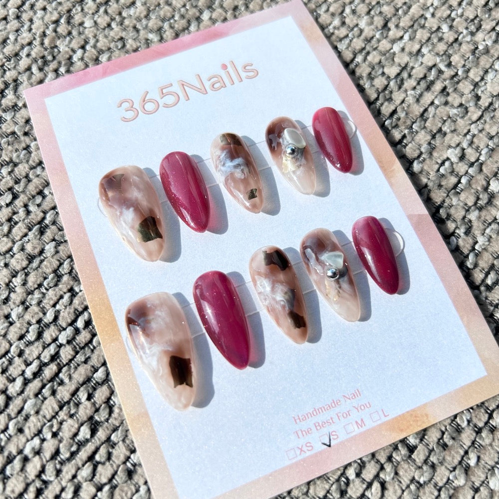 Ethereal Ink: "Crimson Amber" – Berry Red Cat Eye & Milky Amber Marble with Gold Foil & Liquid Metal Almond Nails