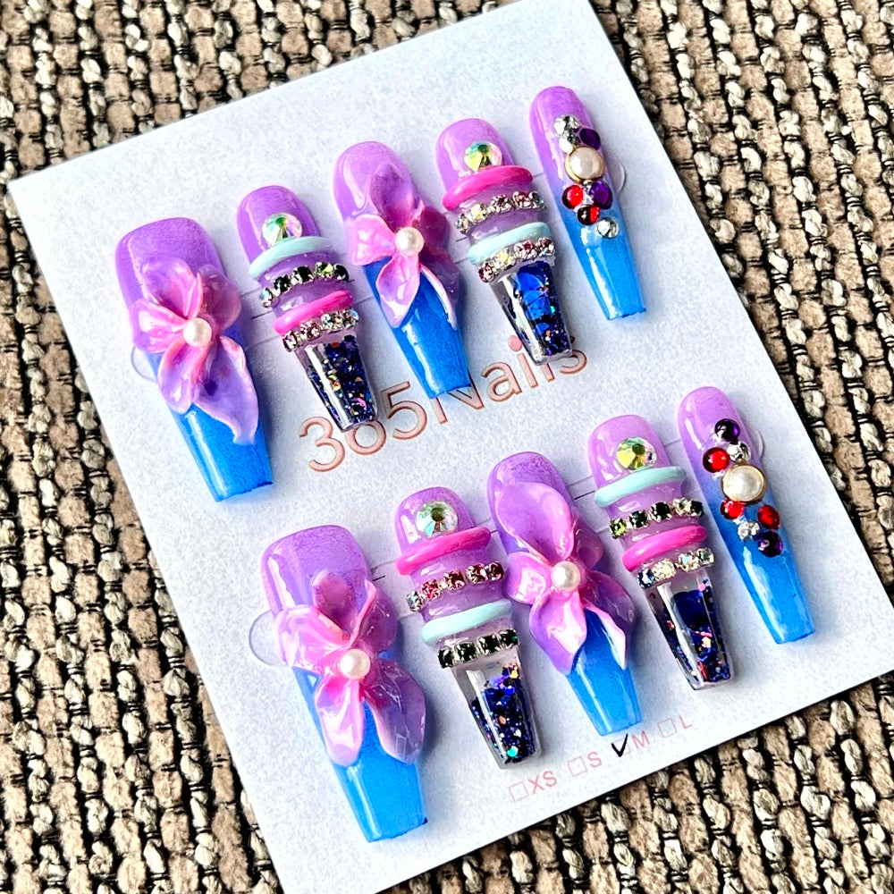 365nails: "Lavender Orchid Bloom" – Handmade Liquid Motion Press-On Medium Square Nails-3.5cm