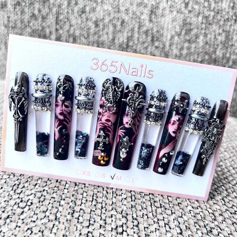 365nails: "Gothic Noir" – 3D Character Art Handmade Coffin Nails-5.5cm