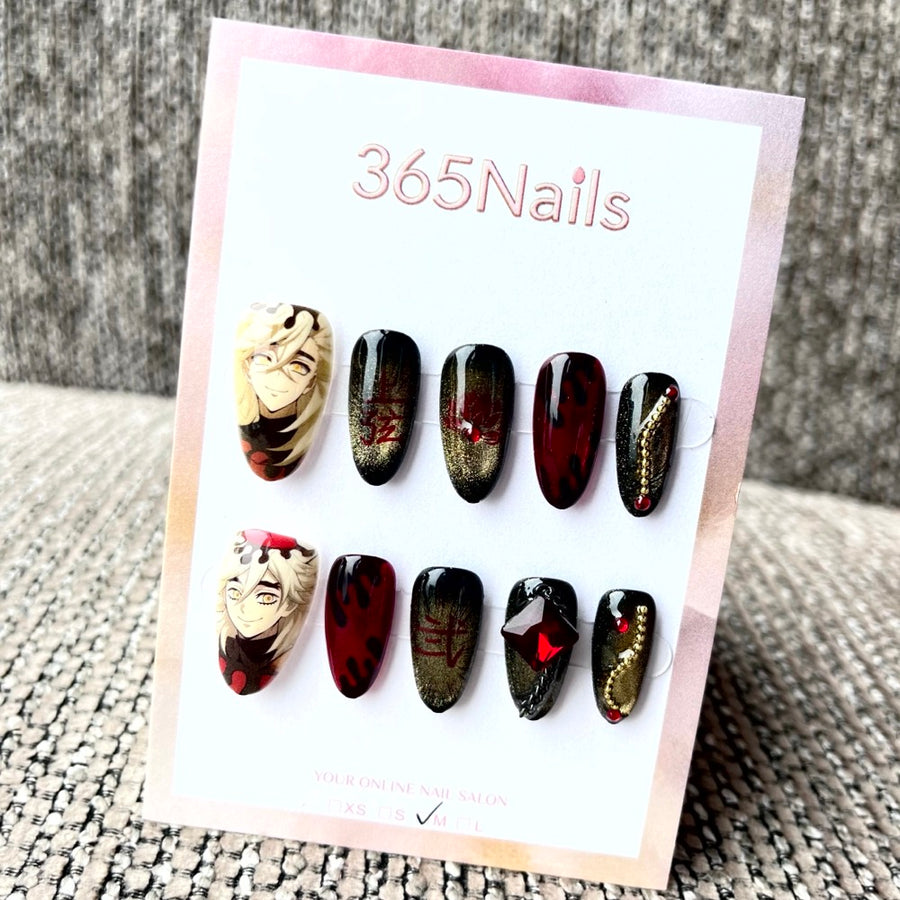 365nails: "귀멸의 칼날 도우마" – 수제 숏 아몬드형 프레스온 네일