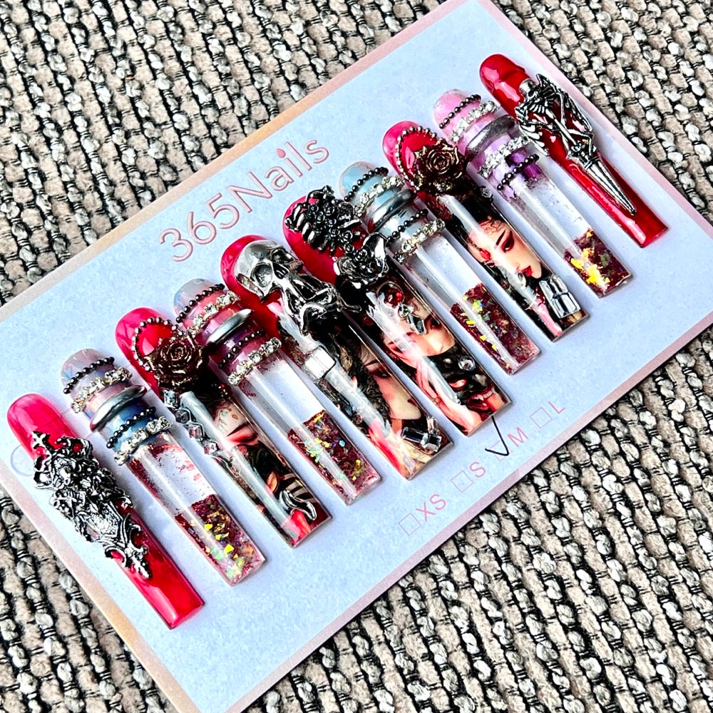 365nails: "Scarlet Geisha Skull" – Handmade Gothic Liquid Motion Press-On Long Pipe Nails-5.5cm