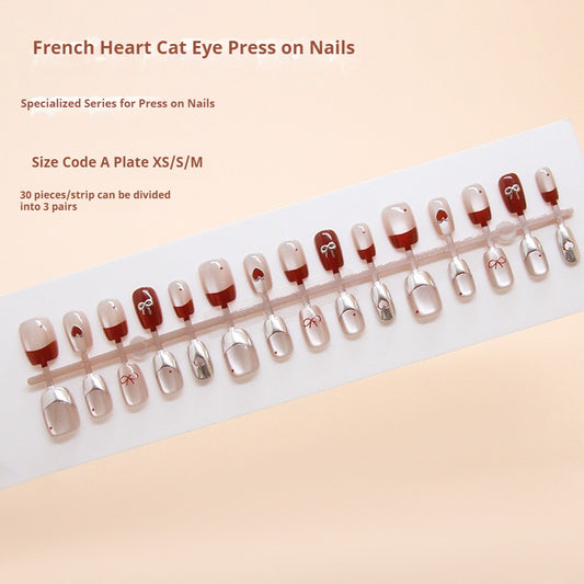 Nail Tips  prefabricated nail three-dimensional French cat eye love bow vitality girl white short nail art pieces 30 pieces｜365nails