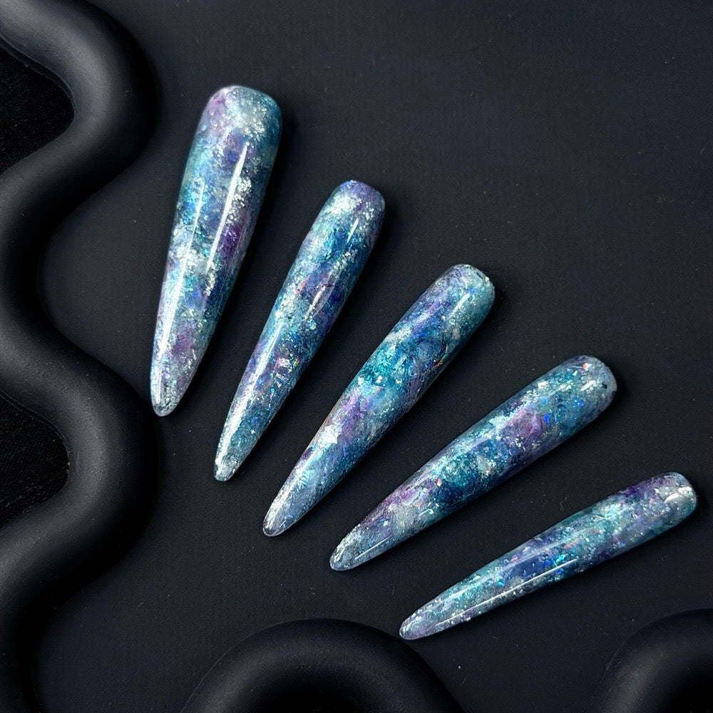 Long Stiletto Galaxy Press-On Nails in Blue Purple