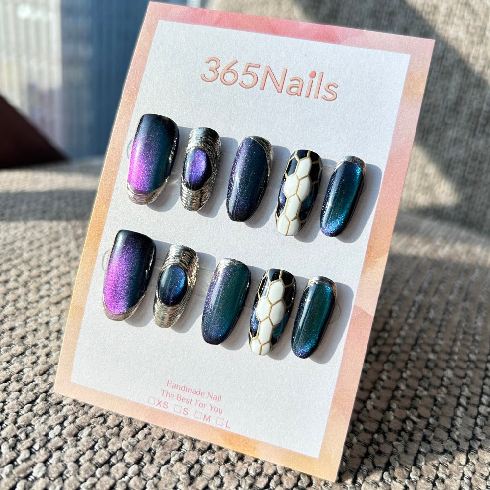 The Gilded Serpent: "Galaxy Python" – Aurora Purple-Blue Cat Eye & Silver Metallic Textured Handmade Press-On Nails