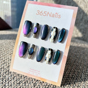 Luxury Logo The Gilded Serpent: "Galaxy Python" – Aurora Purple-Blue Cat Eye & Silver Metallic Textured Handmade Press-On Nails