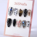 Black and white brown 3D bubbles and crystal flowers long almond shape press on nail