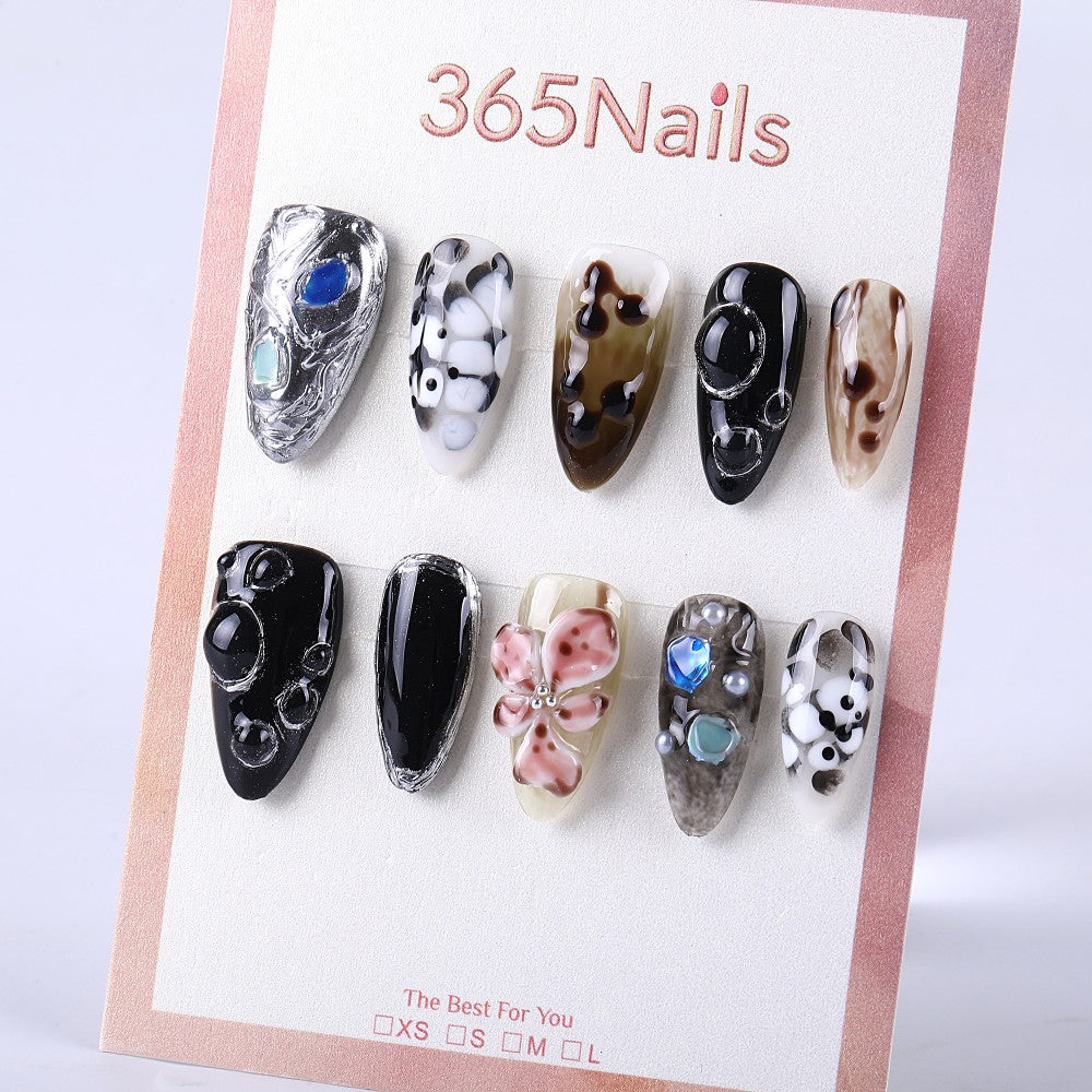 Black and white brown 3D bubbles and crystal flowers long almond shape press on nail